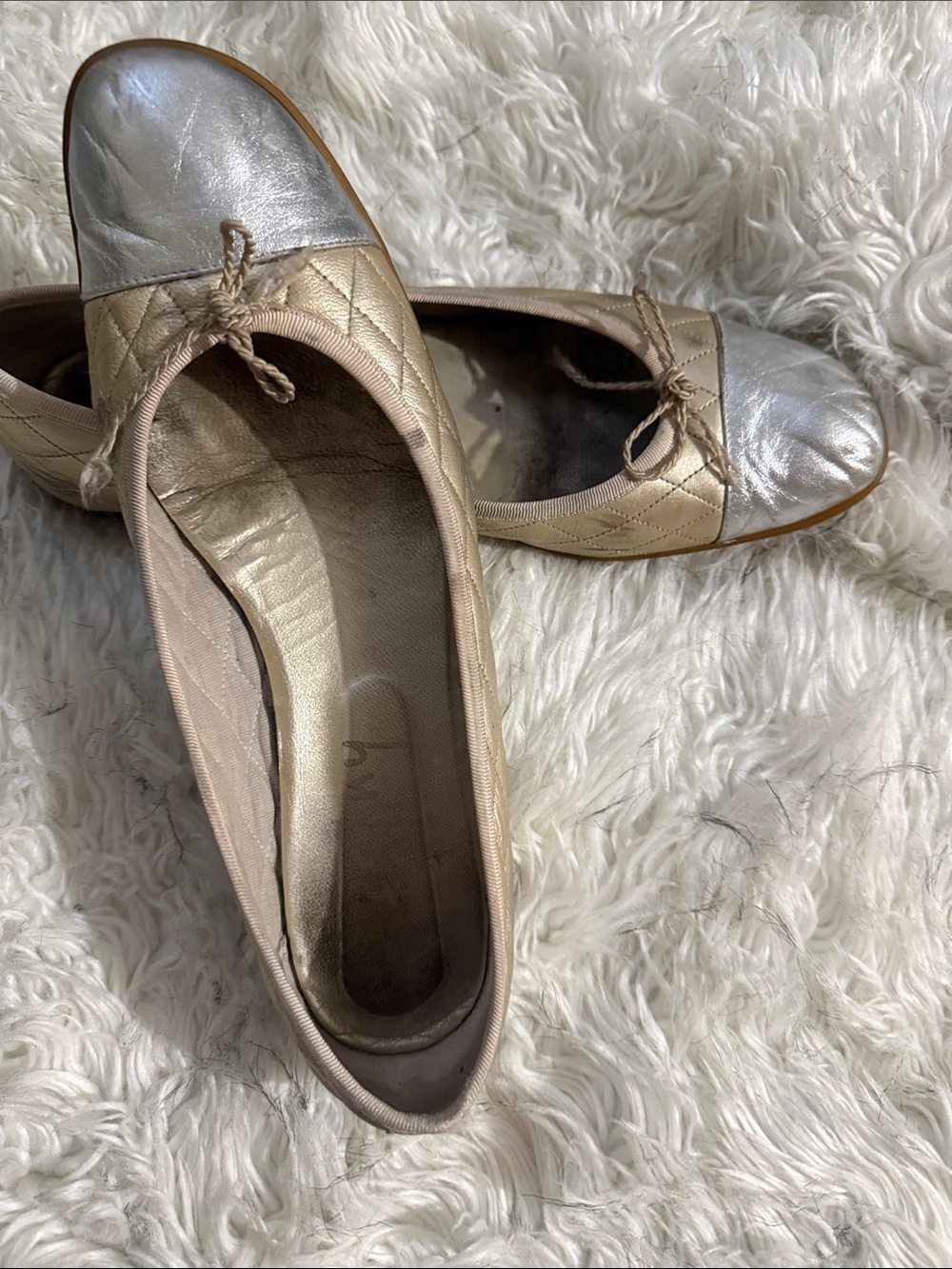 French Sole Quilted Beige Ballet Flats with Silver Toe Caps